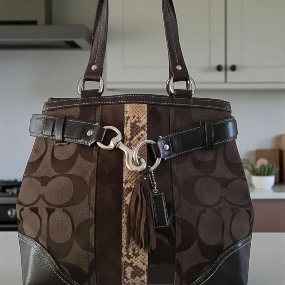 2006 Coach Hampton Signature Tote With Python Stripe